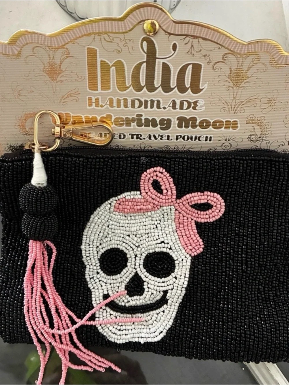 India Hicks Black Beaded Skull Wristlet with Pink Bow Accent